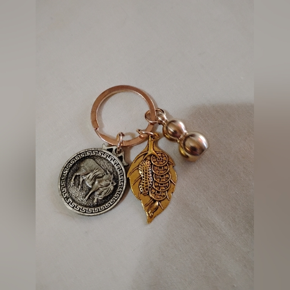 Gold and Silver Keychain with Leaf and Coin Charms Oriental Symbols